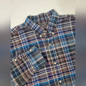Vince Dress Shirt Mens Blue Brown‎ Plaid Cotton Button Up Long Sleeve Size XL